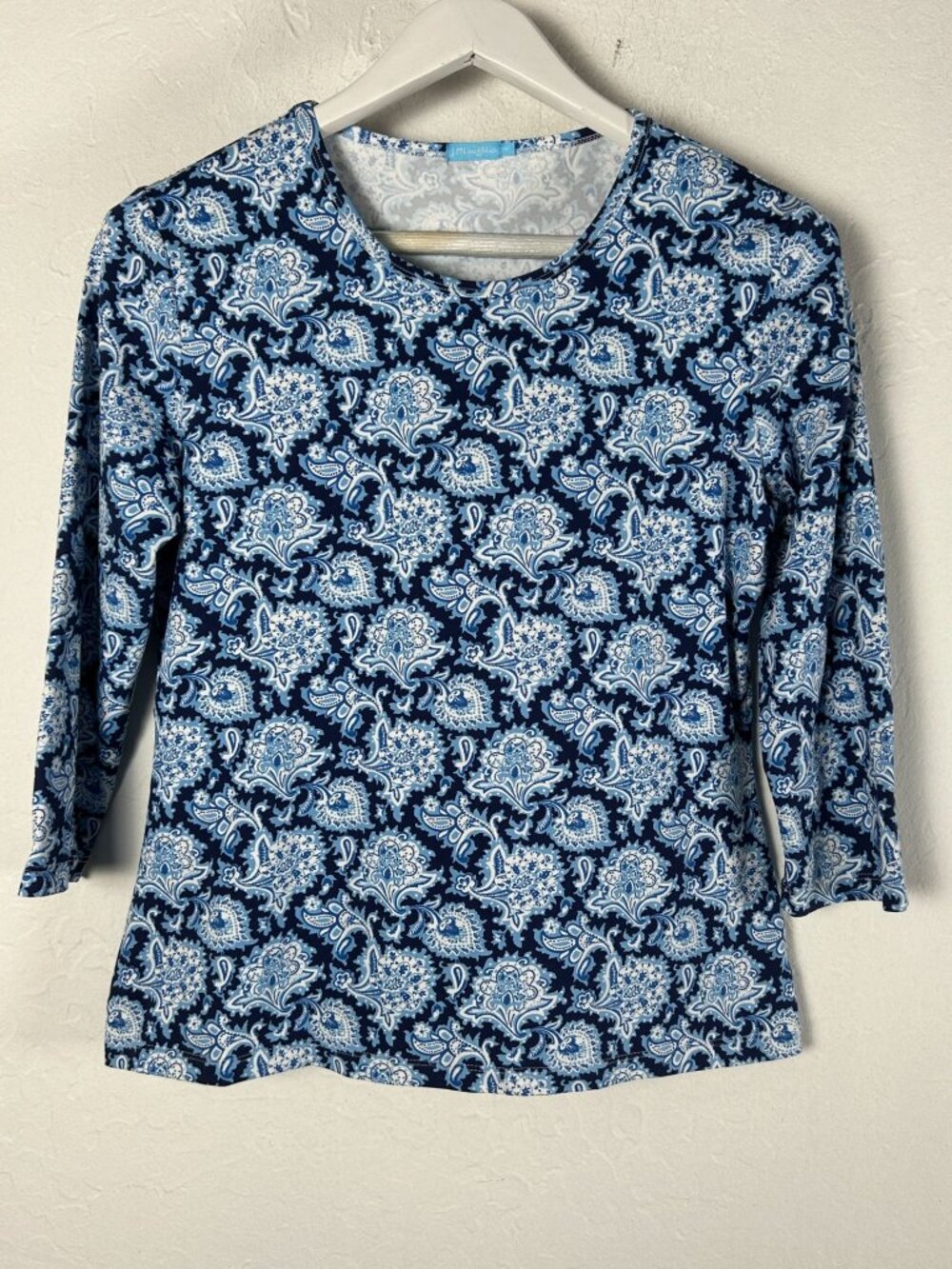 J.McLaughlin Womens Blue White Paisley 3/4 Sleeve Top Medium Stretch USA NWOT